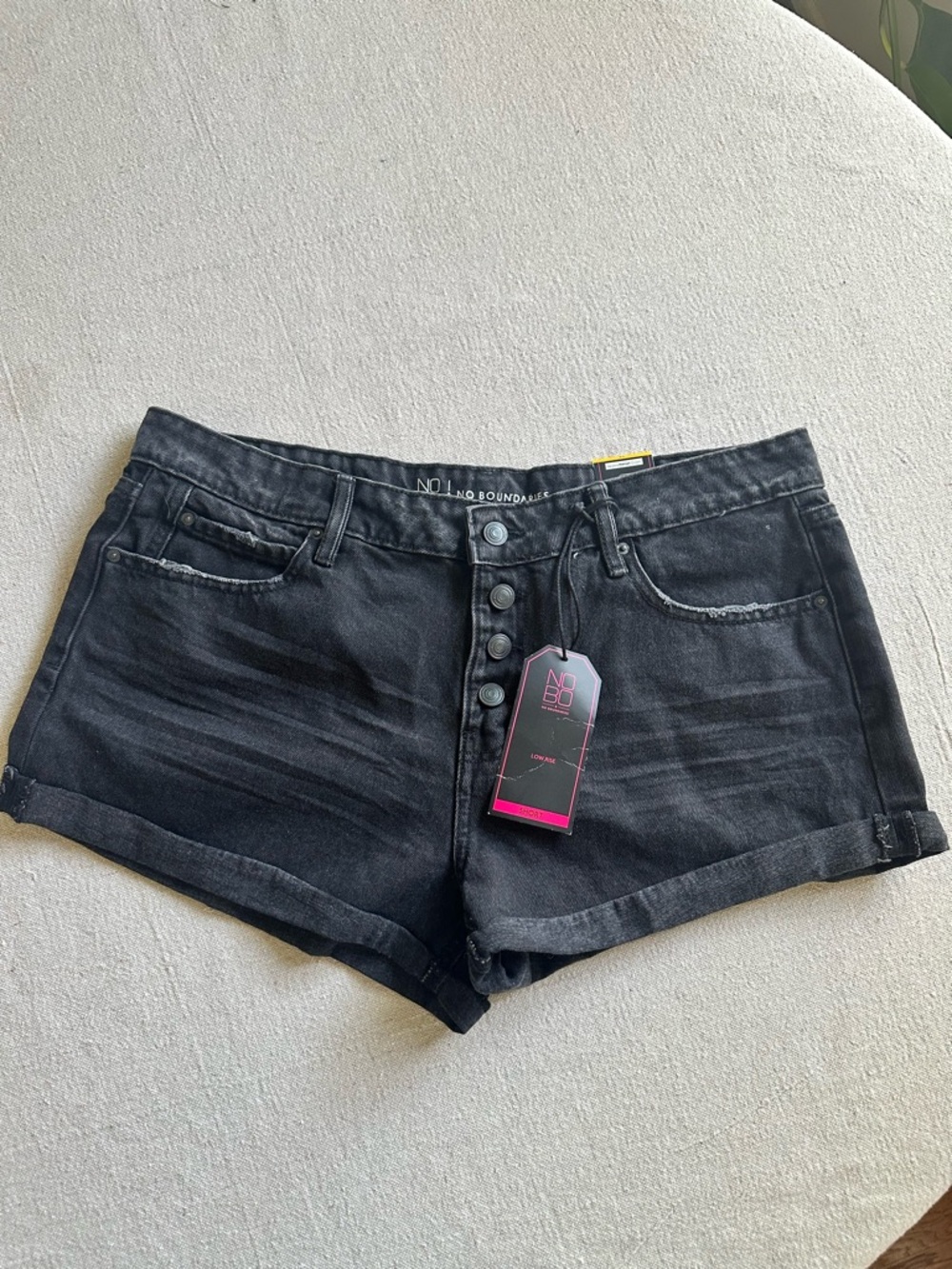 No Boundaries Y2K Black Denim Shorts Button Fly High Rise Faded Wash
